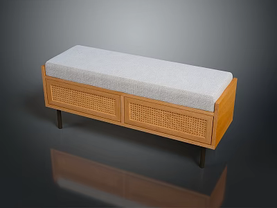 Modern Wooden Bench With Rattan Storage Drawers And Upholstered Padded Seat 3d model