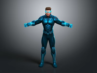 Futuristic Sci Fi Character In Blue Armored Suit With Glowing Elements And Open Arms Pose 3d model