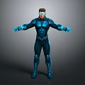 Futuristic Sci Fi Character In Blue Armored Suit With Glowing Elements And Open Arms Pose
