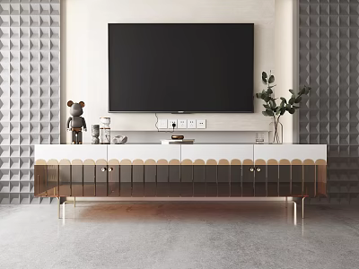 Modern TV Stand With Wall Mounted TV Decorative Items And Green Plant 3d model