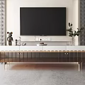Modern TV Stand With Wall Mounted TV Decorative Items And Green Plant