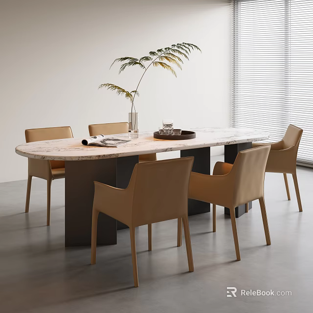 Modern Dining Table Set With Marble Top Beige Chairs Vase Green Plant And Decorative Tray 3d model 