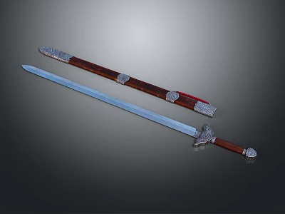 Ancient Sword With Silver Blade Brown Scabbard And Ornate Silver Decorations 3d model