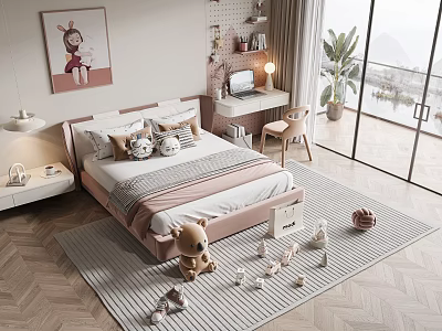 Pink Kids Bed with Plush Pillows Desk Lamp Teddy Bear and Building Blocks 3d model