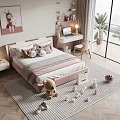 Pink Kids Bed with Plush Pillows Desk Lamp Teddy Bear and Building Blocks