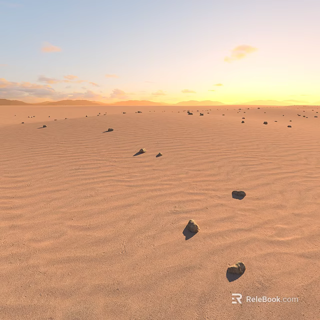 Golden Desert Landscape With Rolling Sand Dunes And Scattered Rocks At Sunset 3d model 