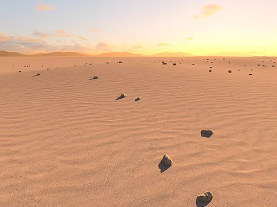 Golden Desert Landscape With Rolling Sand Dunes And Scattered Rocks At Sunset 3d model