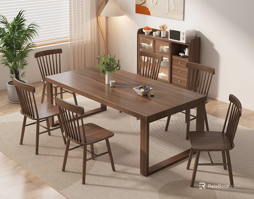 Natural Wooden Dining Table Set With Chairs Vase Decorative Bowl And Potted Plant 3d model 
