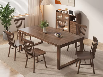 Natural Wooden Dining Table Set With Chairs Vase Decorative Bowl And Potted Plant 3d model