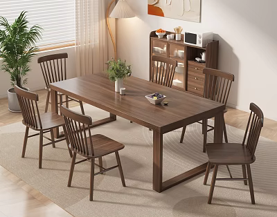 Natural Wooden Dining Table Set With Chairs Vase Decorative Bowl And Potted Plant 3d model