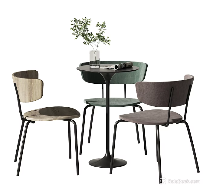 Modern Round Dining Table and Multicolor Chairs Set with Green Plant and Book 3d model