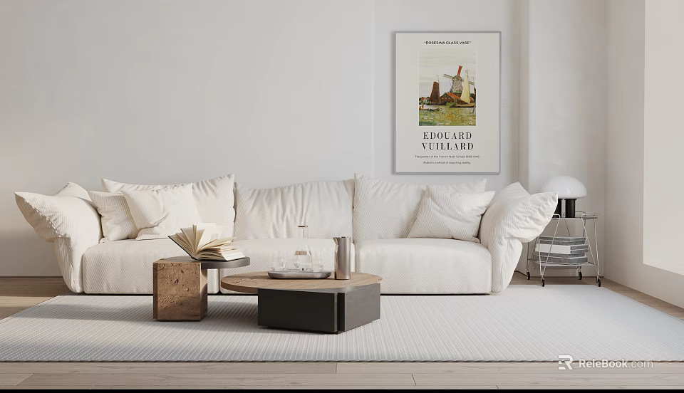 White Three Seater Sofa with Cushions Coffee Table Open Book Wall Poster and Floor Lamp 3d model 
