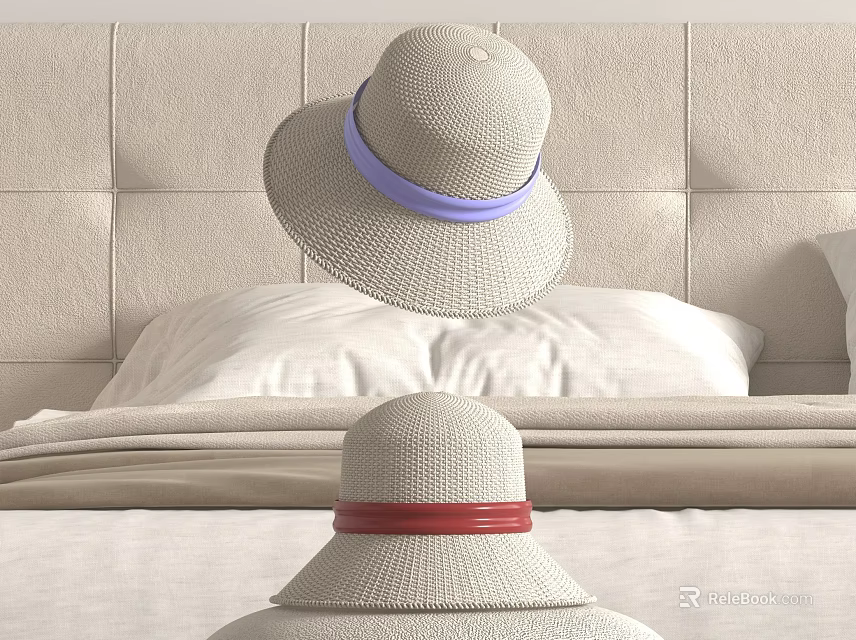 Stylish Straw Hats With Colored Bands In Bedroom 3d model 
