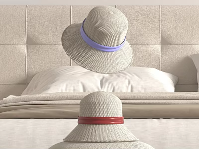 Stylish Straw Hats With Colored Bands In Bedroom 3d model