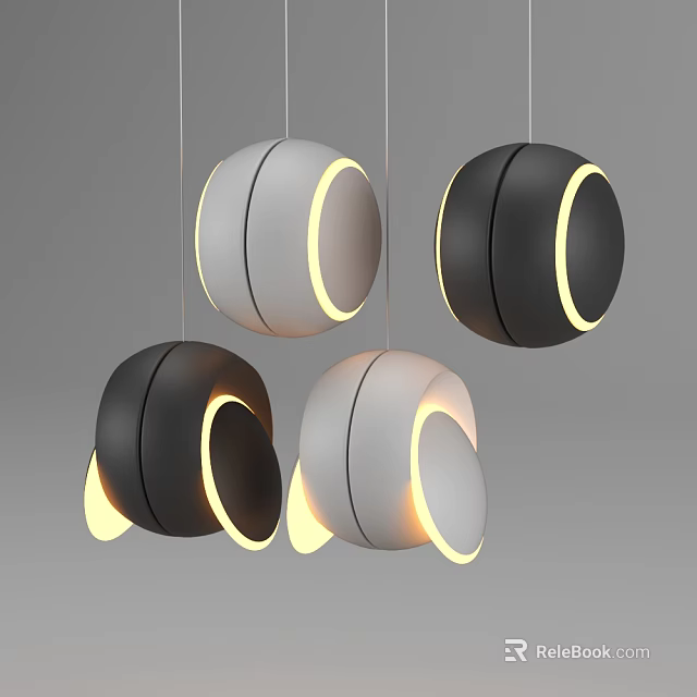Modern Black And White Pendant Lights With Yellow Ring Lights And Circular Design 3d model 