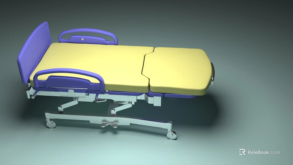 Adjustable Mobile Medical Bed With Yellow Mattress Purple Rails And Wheels 3d model 