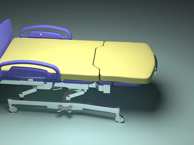 Adjustable Mobile Medical Bed With Yellow Mattress Purple Rails And Wheels 3d model