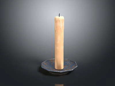 Tall Natural Beige Cylindrical Candle On Dark Textured Tray 3d model