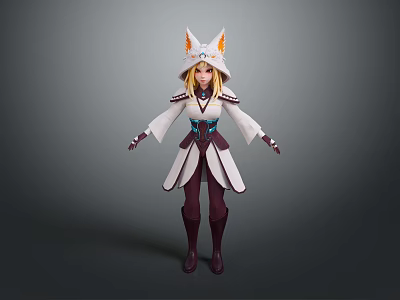 Game Movie Character with Fox Ear Hat Blonde Hair White Purple Outfit and Boots 3d model