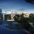 Modern Lakeside Mansion Evening View With Waterfall And Trees 3d model