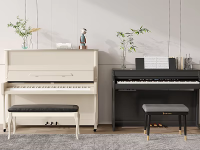 Stylish Home Interior With White Acoustic And Black Digital Piano Musical Instruments 3d model