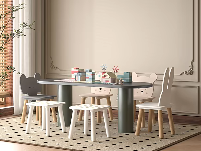 Kids Table With Rabbit Shaped Chairs And Colorful Building Blocks In Playroom 3d model