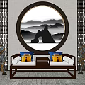 Elegant Chinese Traditional Arhat Bed with Circular Landscape Painting Decorative Cushions and Ornaments
