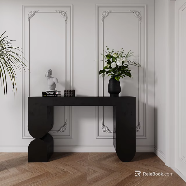 Elegant Black Console Table With Unique Legs Sculpture Green Plant And Wall Panel Design 3d model 
