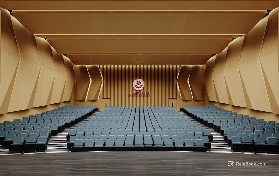 Spacious Auditorium Interior Featuring Blue Seats Wooden Panel Walls And Front Emblem 3d model 