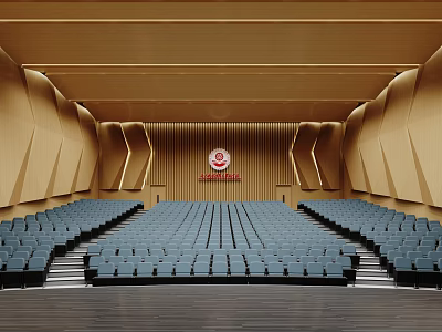 Spacious Auditorium Interior Featuring Blue Seats Wooden Panel Walls And Front Emblem 3d model