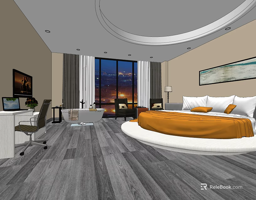 Modern Hotel Guest Room Interior With Round Bed Orange Bedspread Wooden Flooring And Night View 3d model 