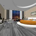 Modern Hotel Guest Room Interior With Round Bed Orange Bedspread Wooden Flooring And Night View