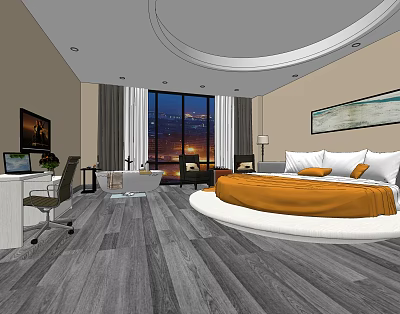 Modern Hotel Guest Room Interior With Round Bed Orange Bedspread Wooden Flooring And Night View 3d model