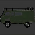 Green Off Road Van With Roof Rack And Cargo Bag On Top Exterior View