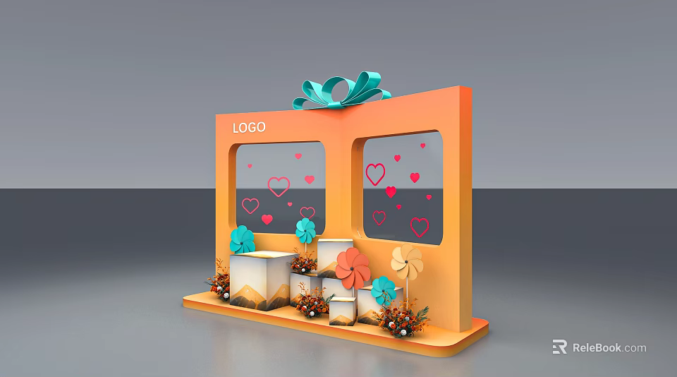 Photo Check In Spot With Orange Stand Green Bow LOGO Windows Heart Patterns White Cubes 3d model 