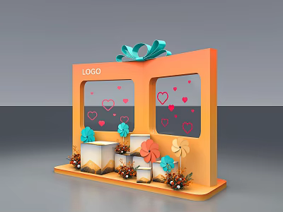 Photo Check In Spot With Orange Stand Green Bow LOGO Windows Heart Patterns White Cubes 3d model