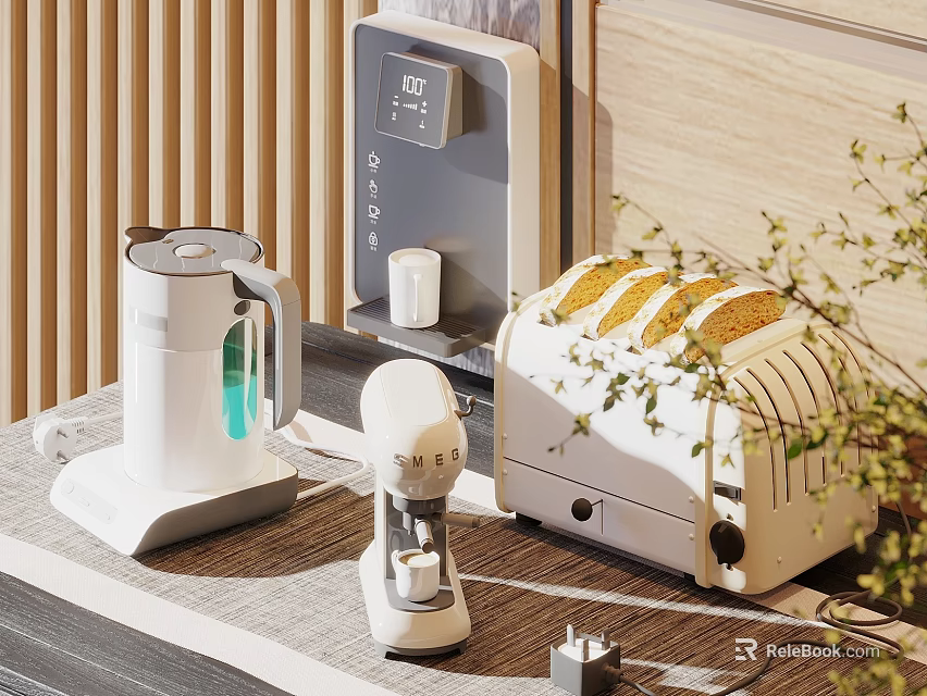 Modern White Kitchen Appliances Kettle Water Dispenser Coffee Maker Toaster With Bread On Countertop 3d model 