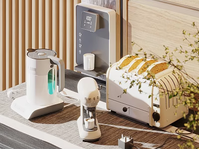Modern White Kitchen Appliances Kettle Water Dispenser Coffee Maker Toaster With Bread On Countertop 3d model