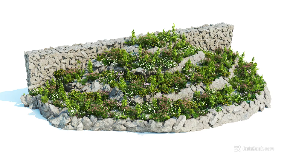 Roadside Stone Wall Landscaping With Lush Green Plants And Natural Vegetation 3d model 