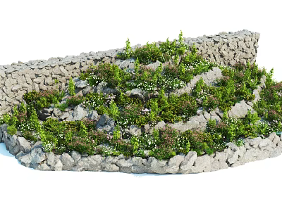 Roadside Stone Wall Landscaping With Lush Green Plants And Natural Vegetation 3d model