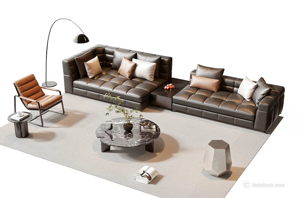 Modern Leather Sofa and Marble Coffee Table Set With Pillows Floor Lamp and Accent Chair 3d model 
