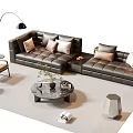 Modern Leather Sofa and Marble Coffee Table Set With Pillows Floor Lamp and Accent Chair