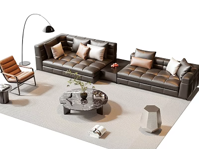 Modern Leather Sofa and Marble Coffee Table Set With Pillows Floor Lamp and Accent Chair 3d model