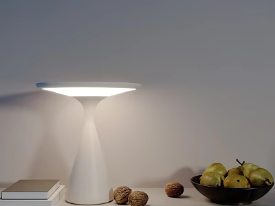 Modern White Table Lamp Glowing on Table with Books Walnuts and Bowl of Pears 3d model