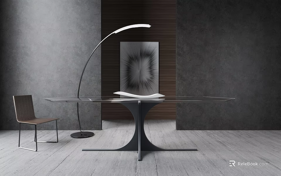Modern Dining Table Set with Glass Top Black Metal Base Brown Chair and Arched Lamp 3d model 