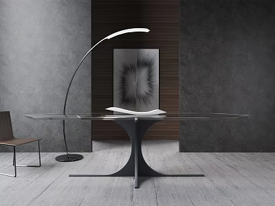 Modern Dining Table Set with Glass Top Black Metal Base Brown Chair and Arched Lamp 3d model