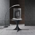 Modern Dining Table Set with Glass Top Black Metal Base Brown Chair and Arched Lamp