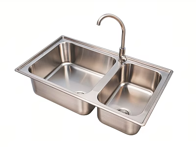 Stainless Steel Double Bowl Kitchen Sink Featuring Modern Faucet Design 3d model