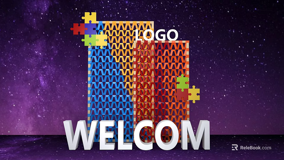 Colorful Grid Pattern Art Installation With Puzzle Pieces And Welcome Lettering On Starry Background 3d model 