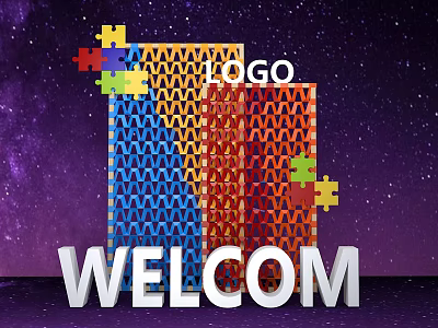 Colorful Grid Pattern Art Installation With Puzzle Pieces And Welcome Lettering On Starry Background 3d model